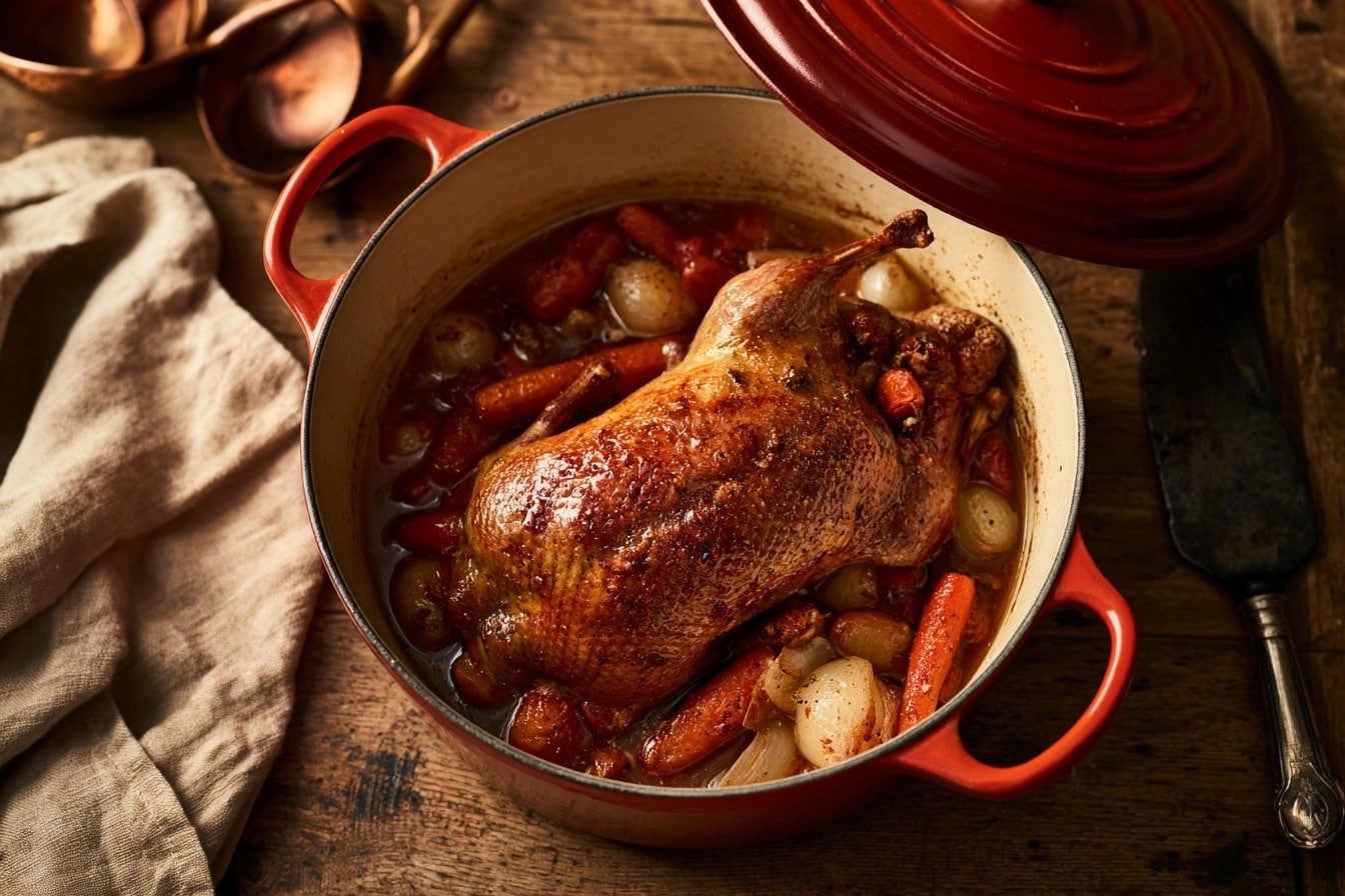 Un caneton rôti doré dans une cocotte rouge avec des carottes et des oignons sur une table rustique